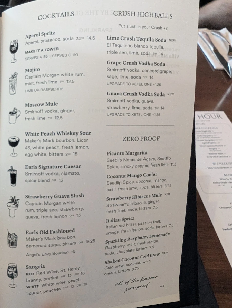Menu, Earls Kitchen + Bar