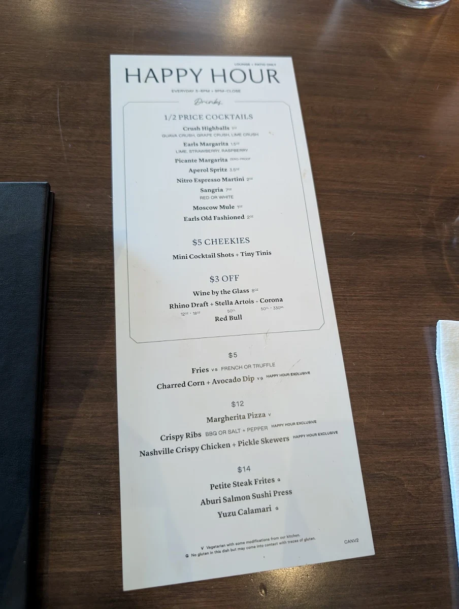 Menu, Earls Kitchen + Bar