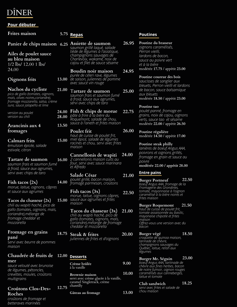 Menu, Roquemont - Restaurant & Microbrasserie