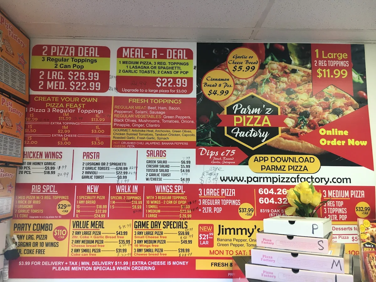 Menu, Parms Pizza Factory Ltd.