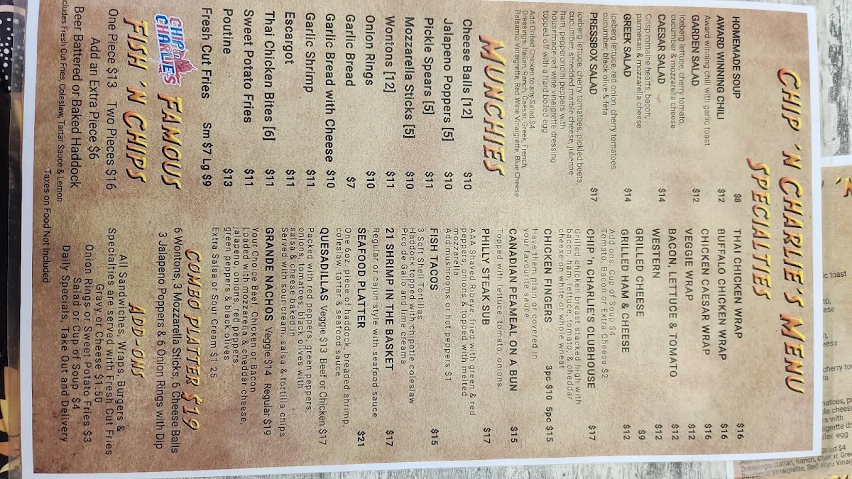 Menu, Chip n Charlie's Eatery & Bar