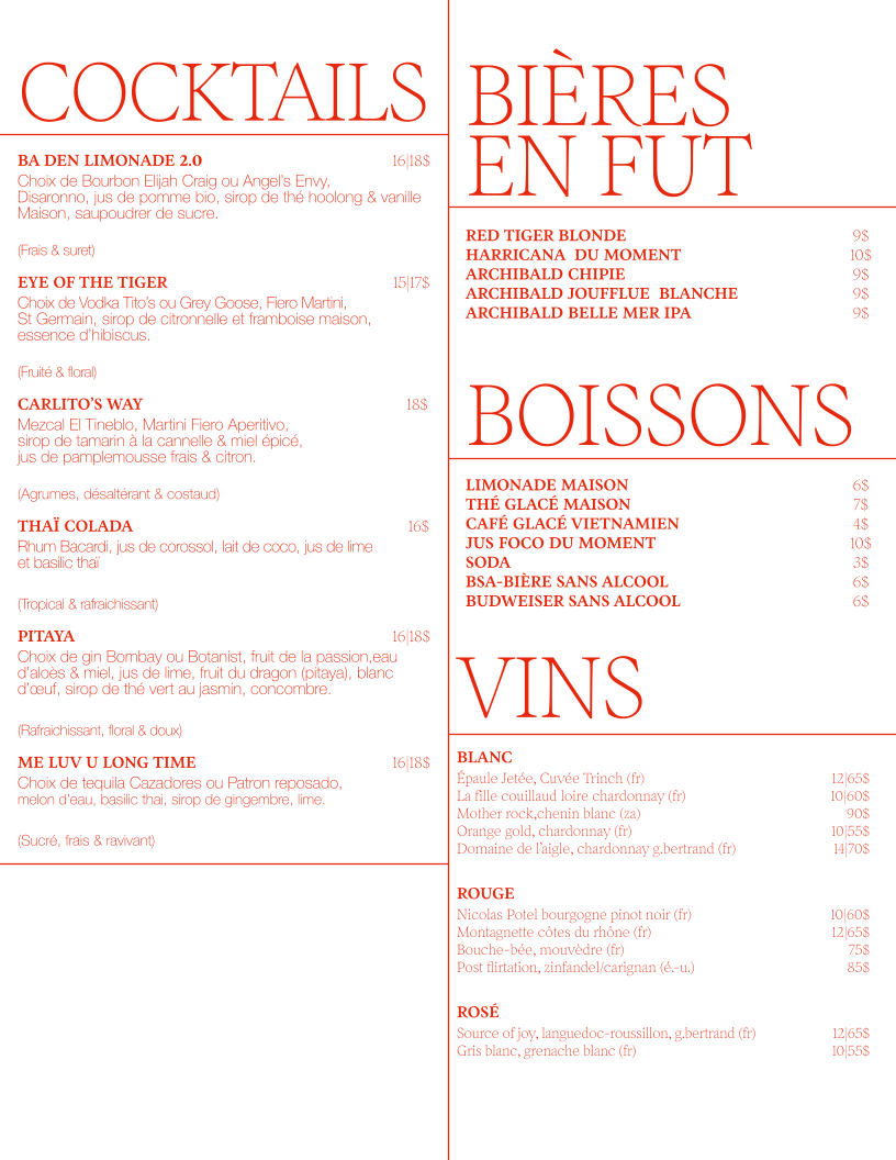 Menu, Le Red Tiger — Angus | Restaurant vietnamien à Montréal