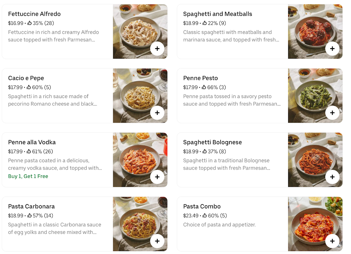 Menu, Pasta Glory