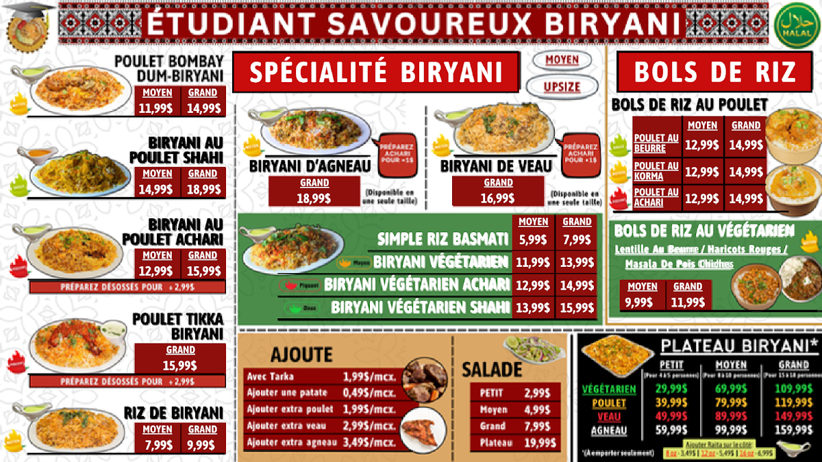 Menu, Student Tasty Biryani inc