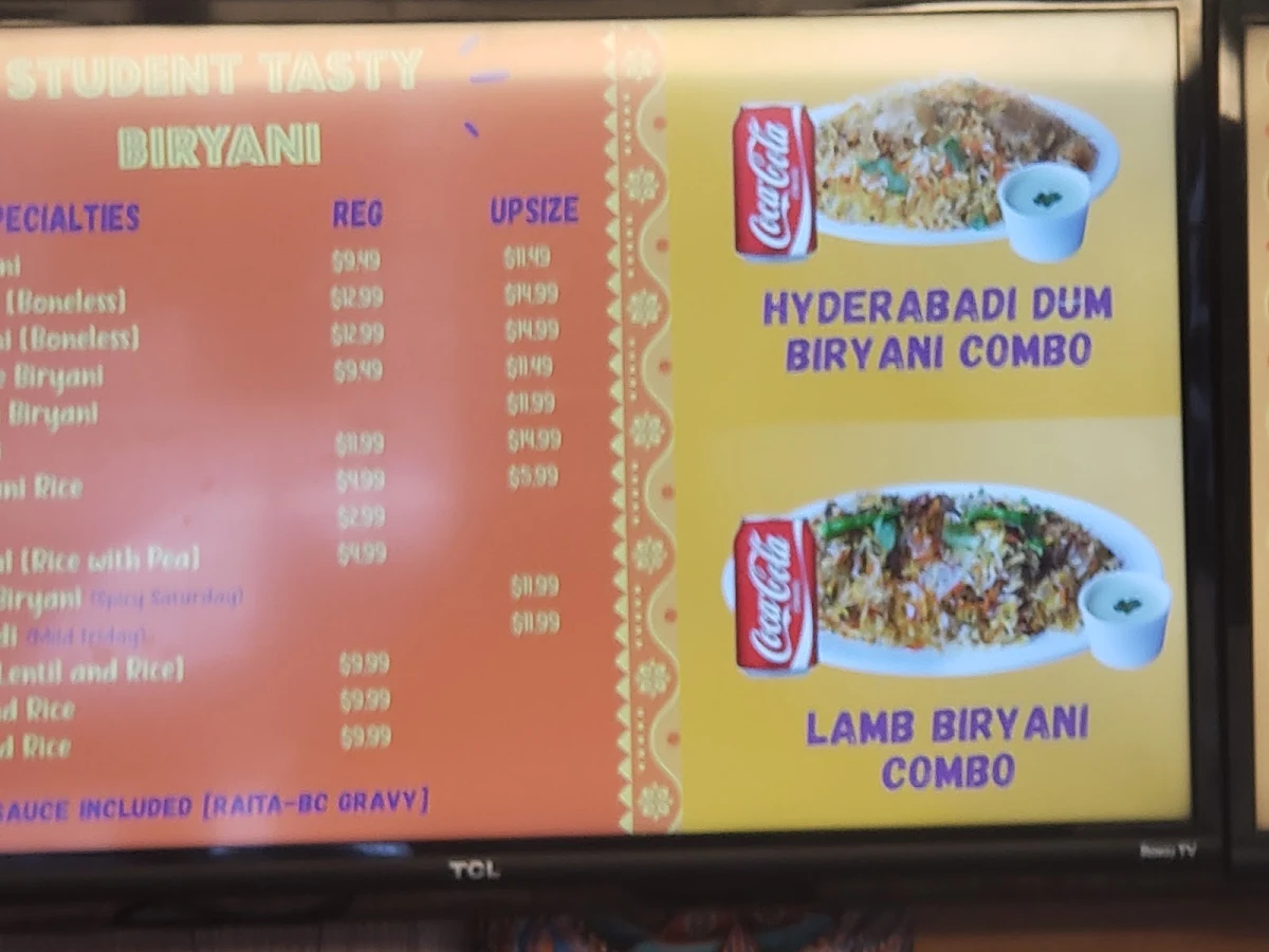 Menu, Student Tasty Biryani inc