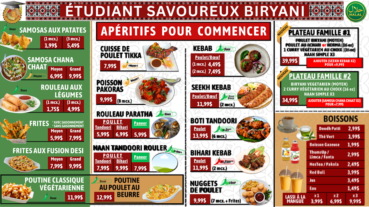 Menu, Student Tasty Biryani inc