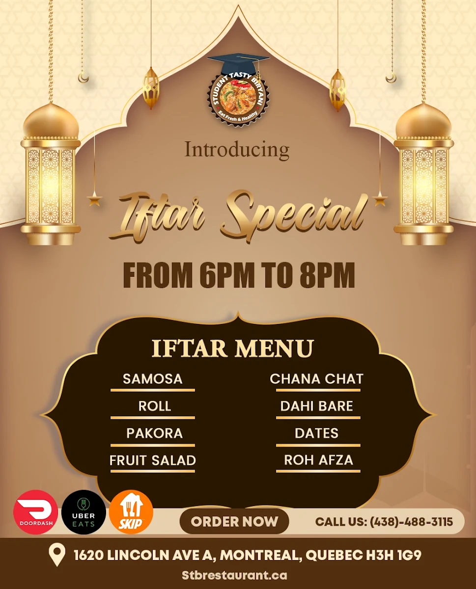 Menu, Student Tasty Biryani inc