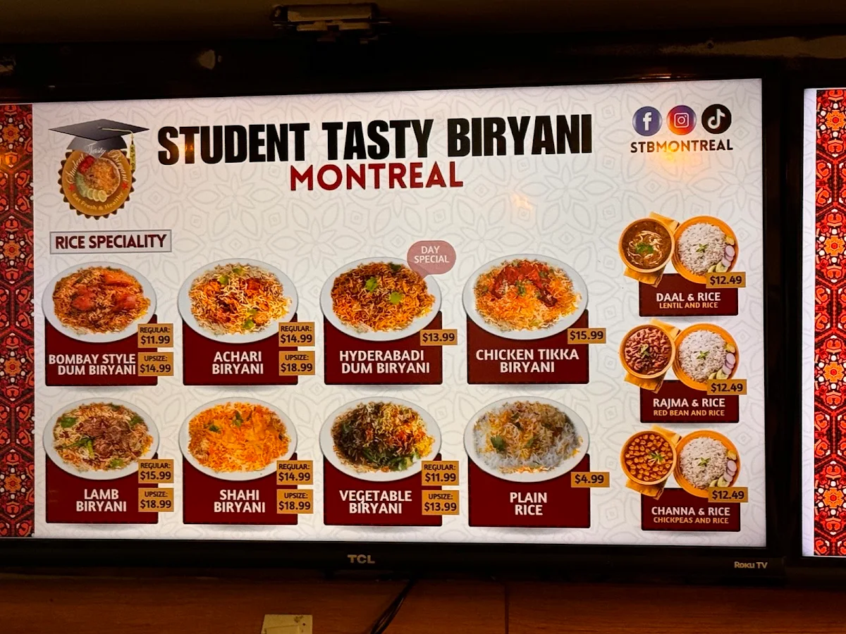 Menu, Student Tasty Biryani inc