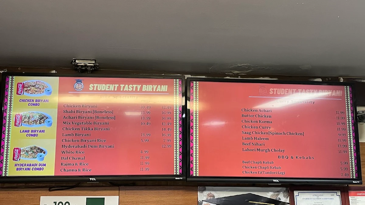 Menu, Student Tasty Biryani inc