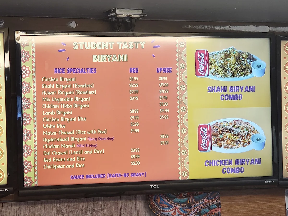 Menu, Student Tasty Biryani inc