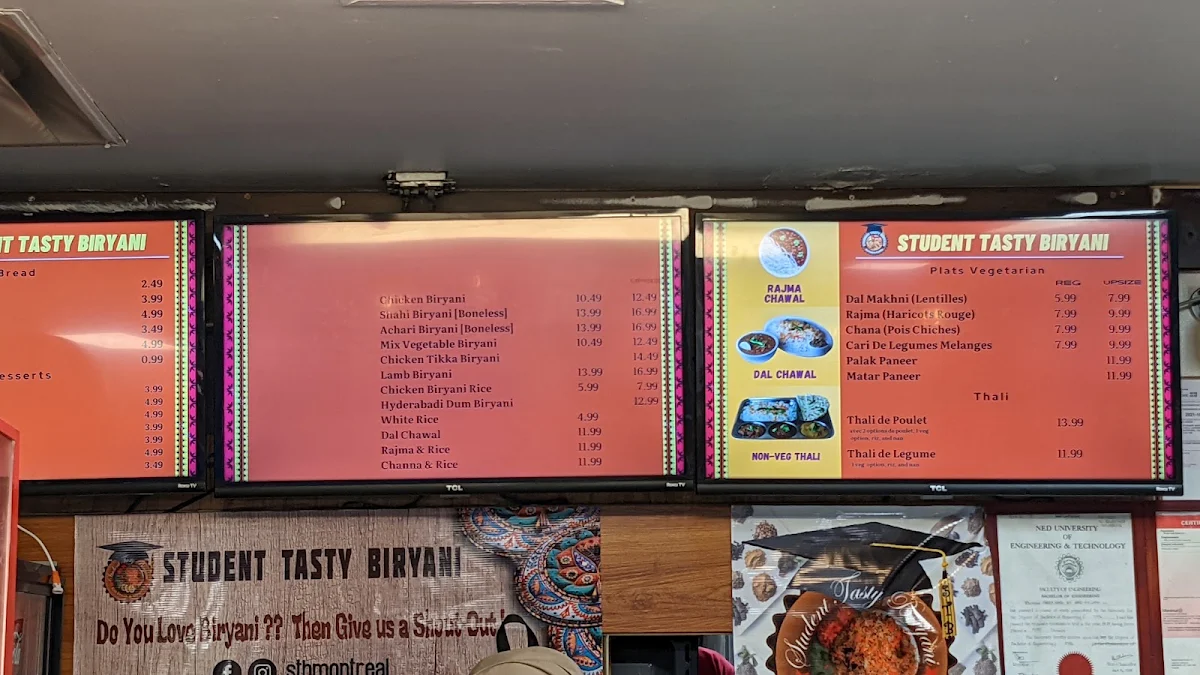 Menu, Student Tasty Biryani inc
