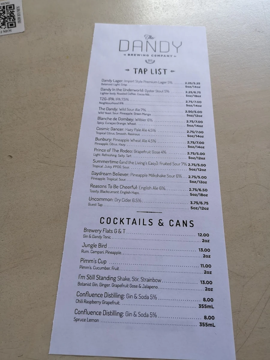 Menu, The Dandy Brewing Company and DandyPizza