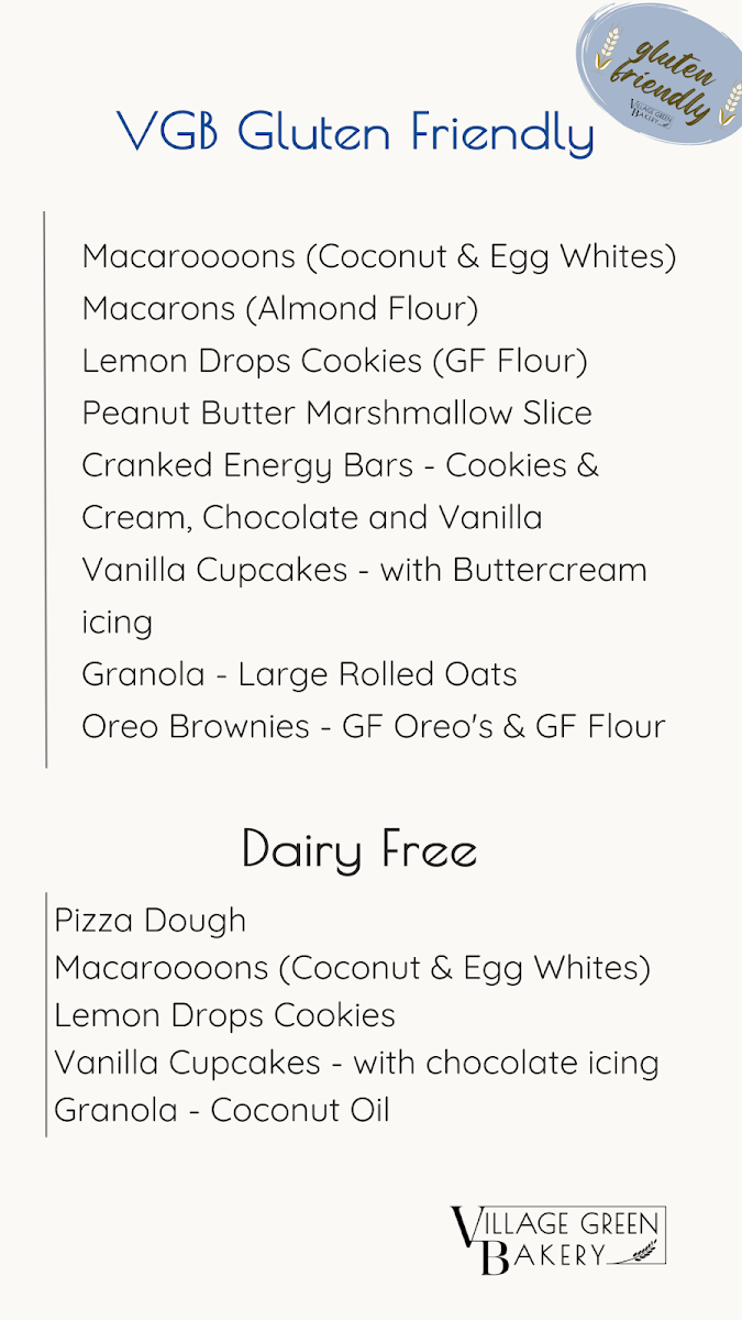 Menu, Village Green Bakery