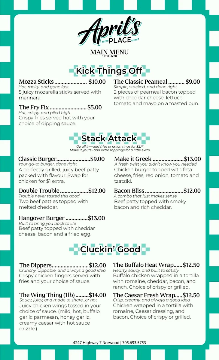 Menu, April's Place