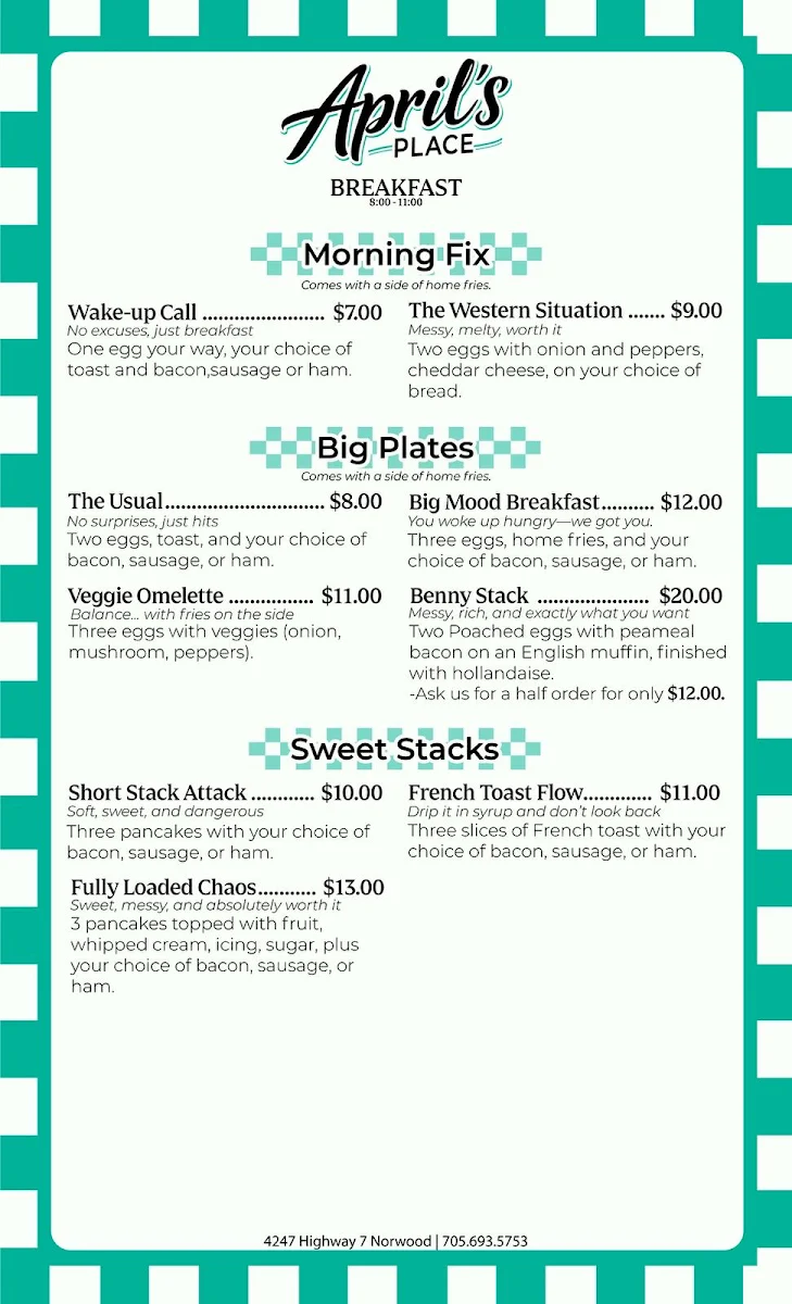 Menu, April's Place