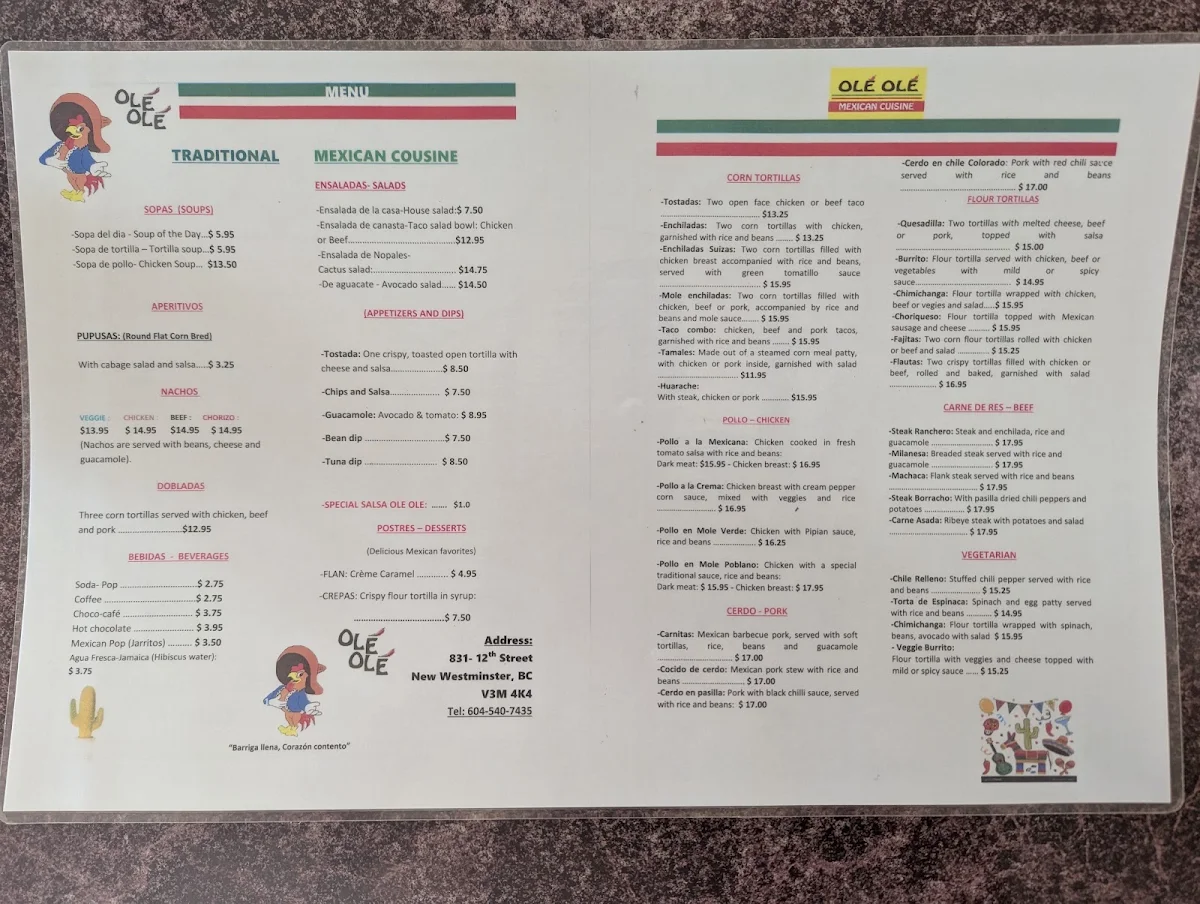 Menu, Ole Ole Mexican Cuisine