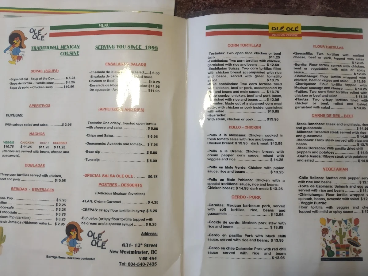 Menu, Ole Ole Mexican Cuisine