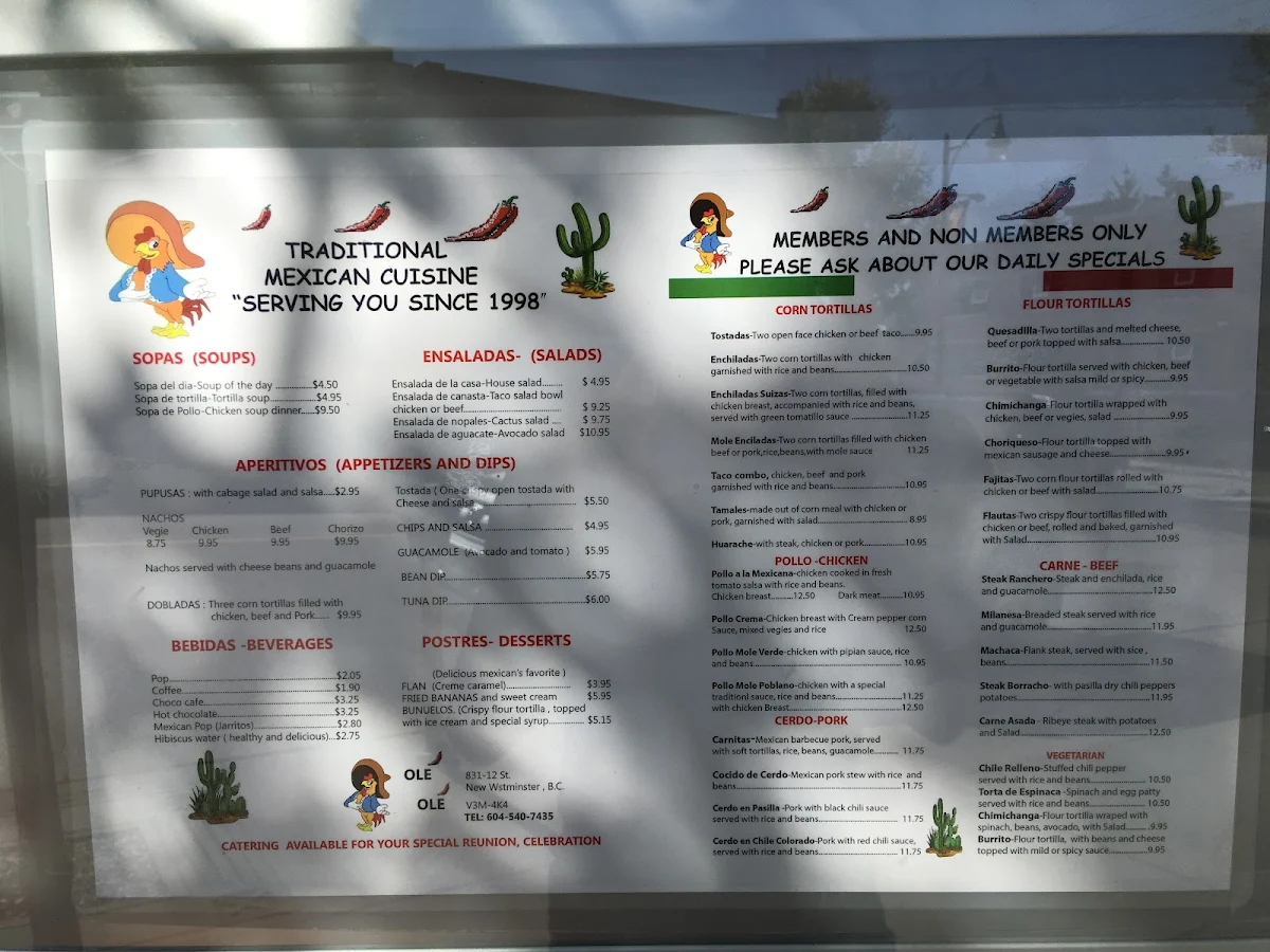 Menu, Ole Ole Mexican Cuisine