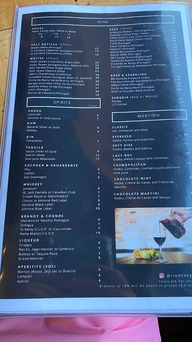 Menu, Rio 40 Restaurant