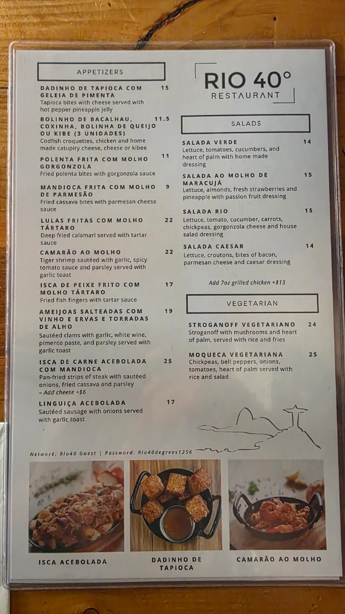 Menu, Rio 40 Restaurant