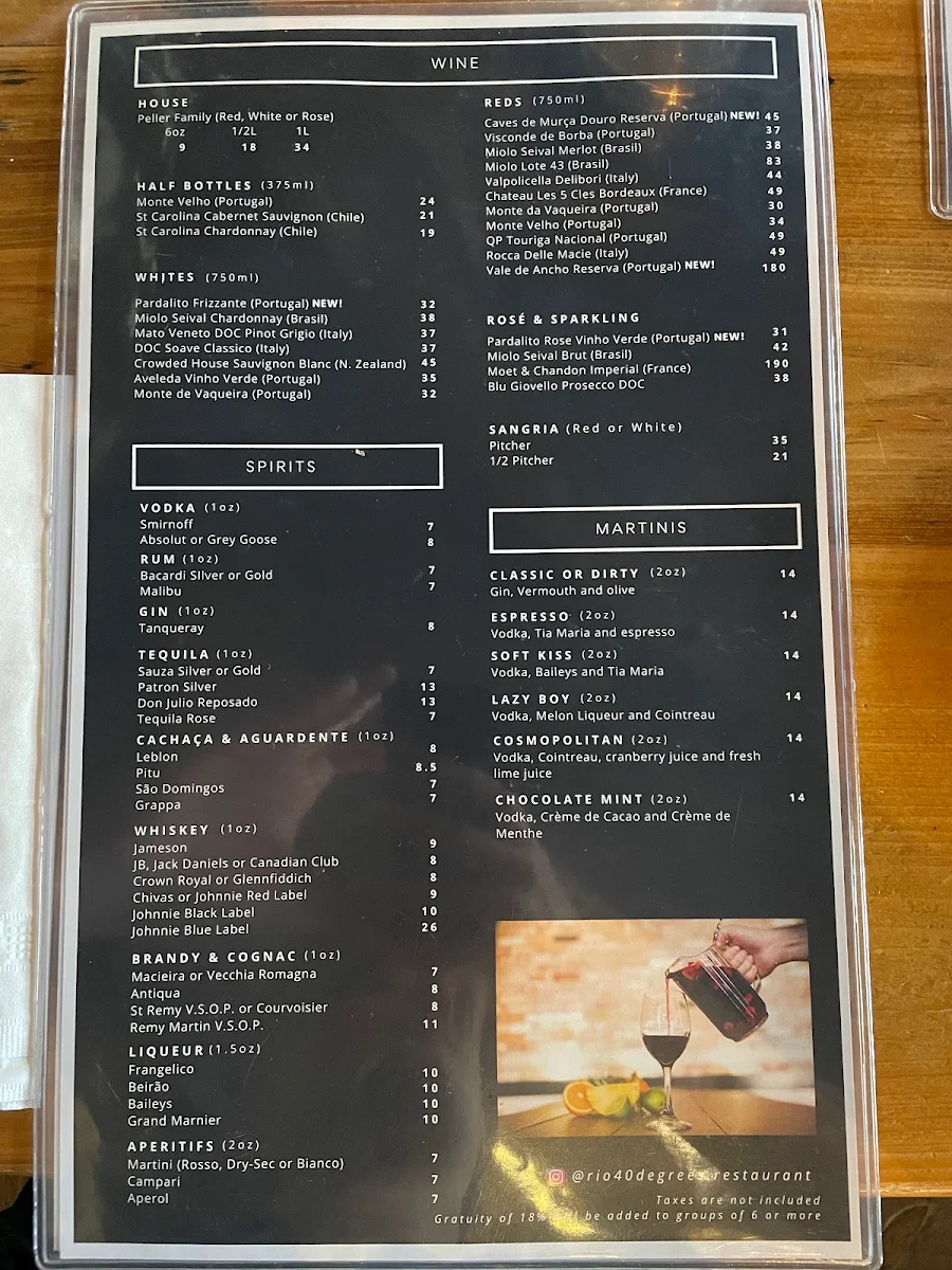 Menu, Rio 40 Restaurant