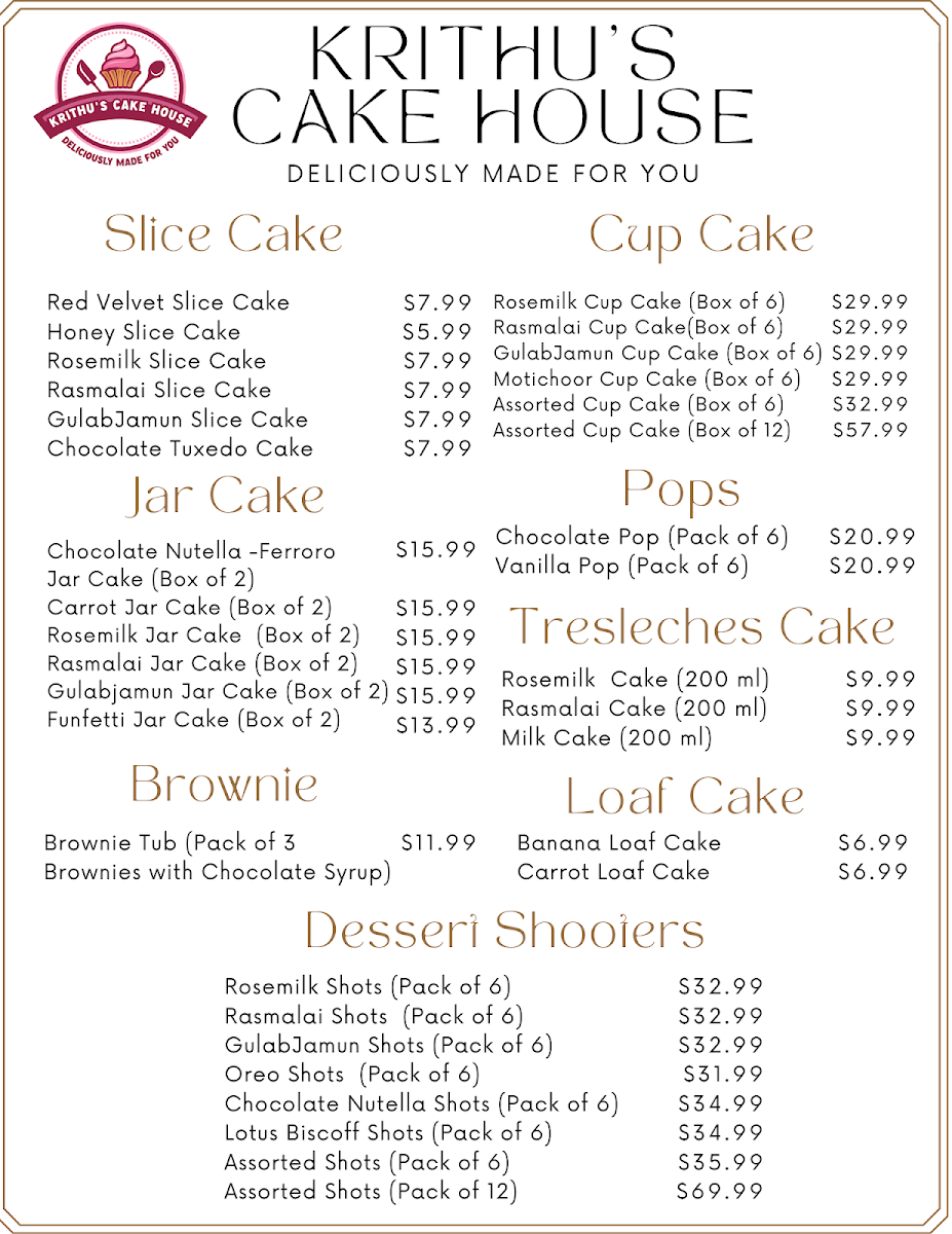 Menu, Krithu’s Cake House