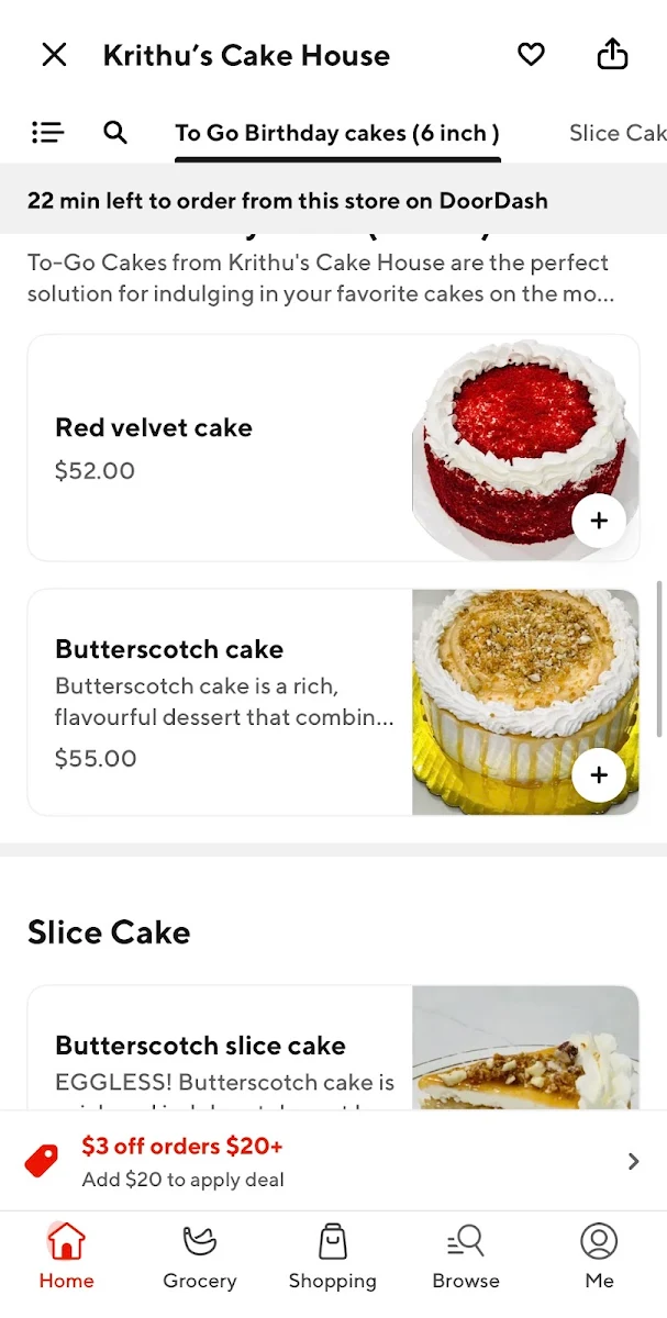 Menu, Krithu’s Cake House