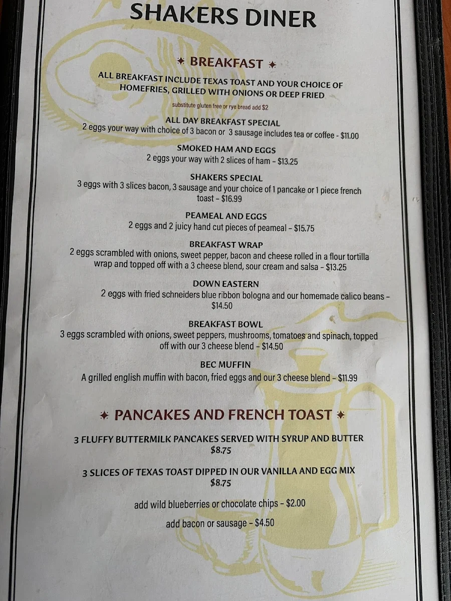 Menu, Shaker's Diner