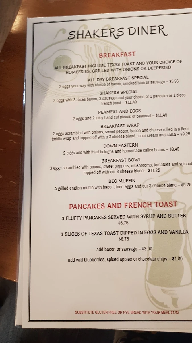 Menu, Shaker's Diner