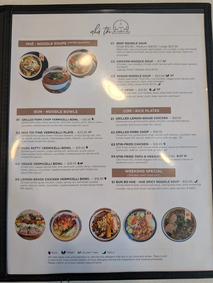 Menu, Nha Toi Boutique Café