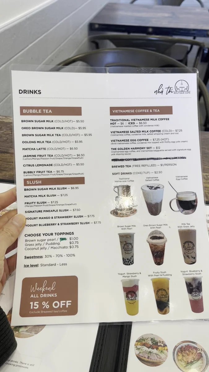Menu, Nha Toi Boutique Café
