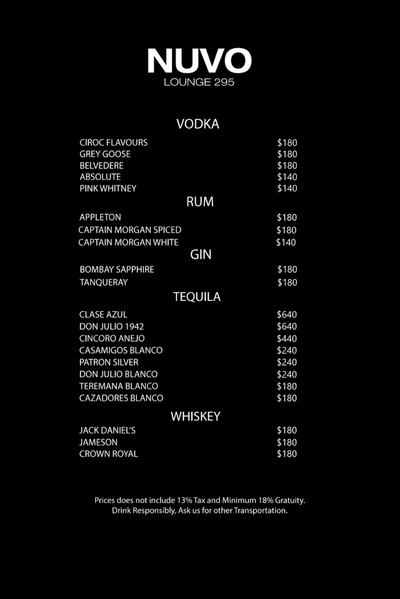 Menu, NUVO Lounge 295