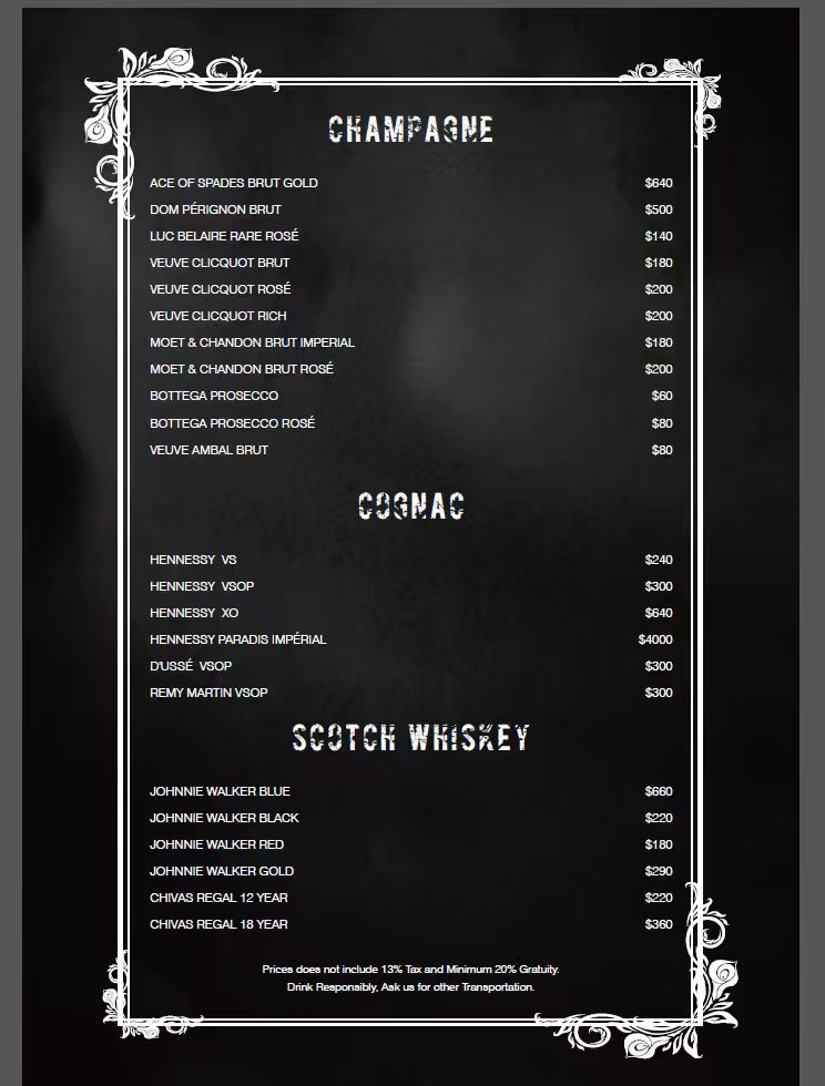 Menu, NUVO Lounge 295