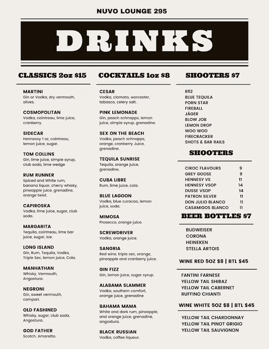 Menu, NUVO Lounge 295
