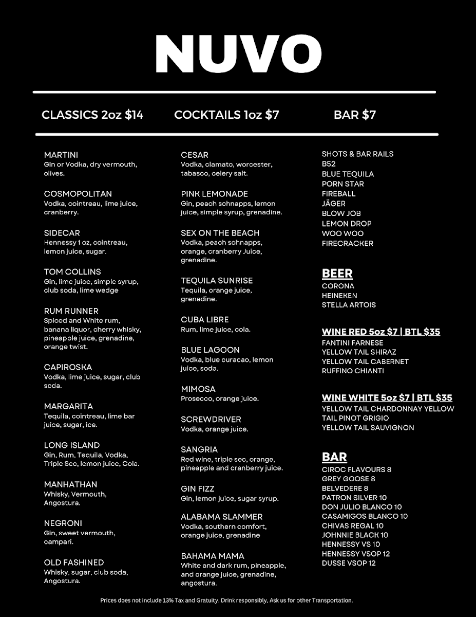 Menu, NUVO Lounge 295