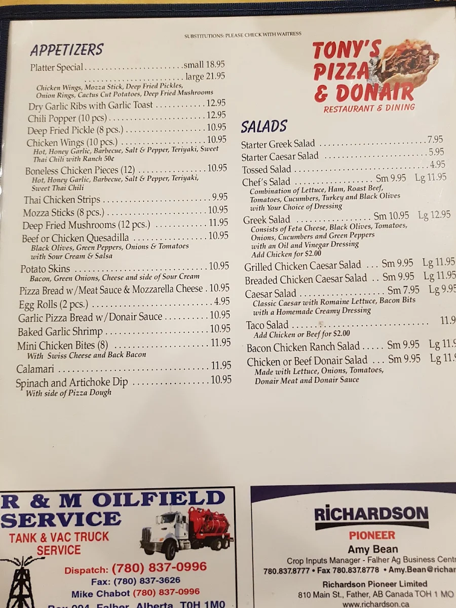 Menu, Tony's Pizza & Donair