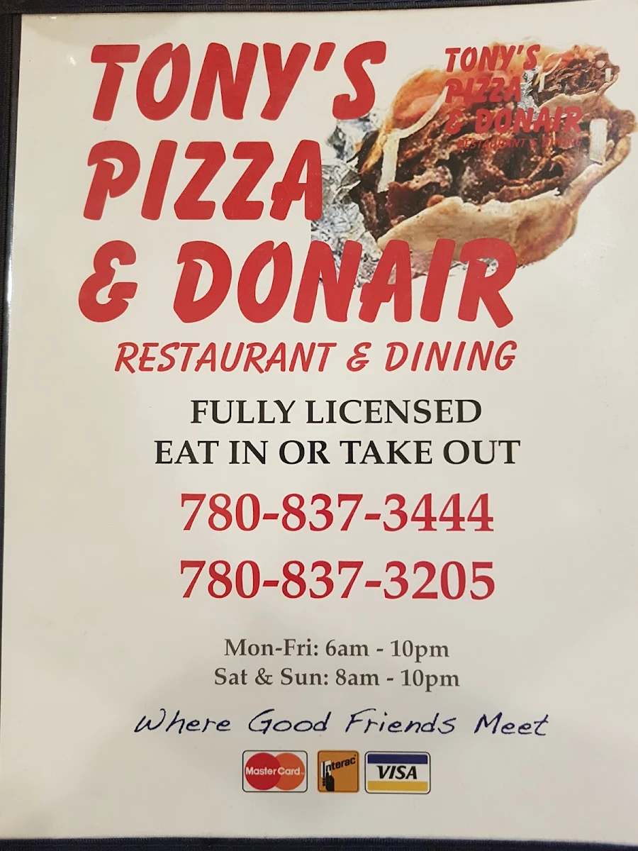 Menu, Tony's Pizza & Donair