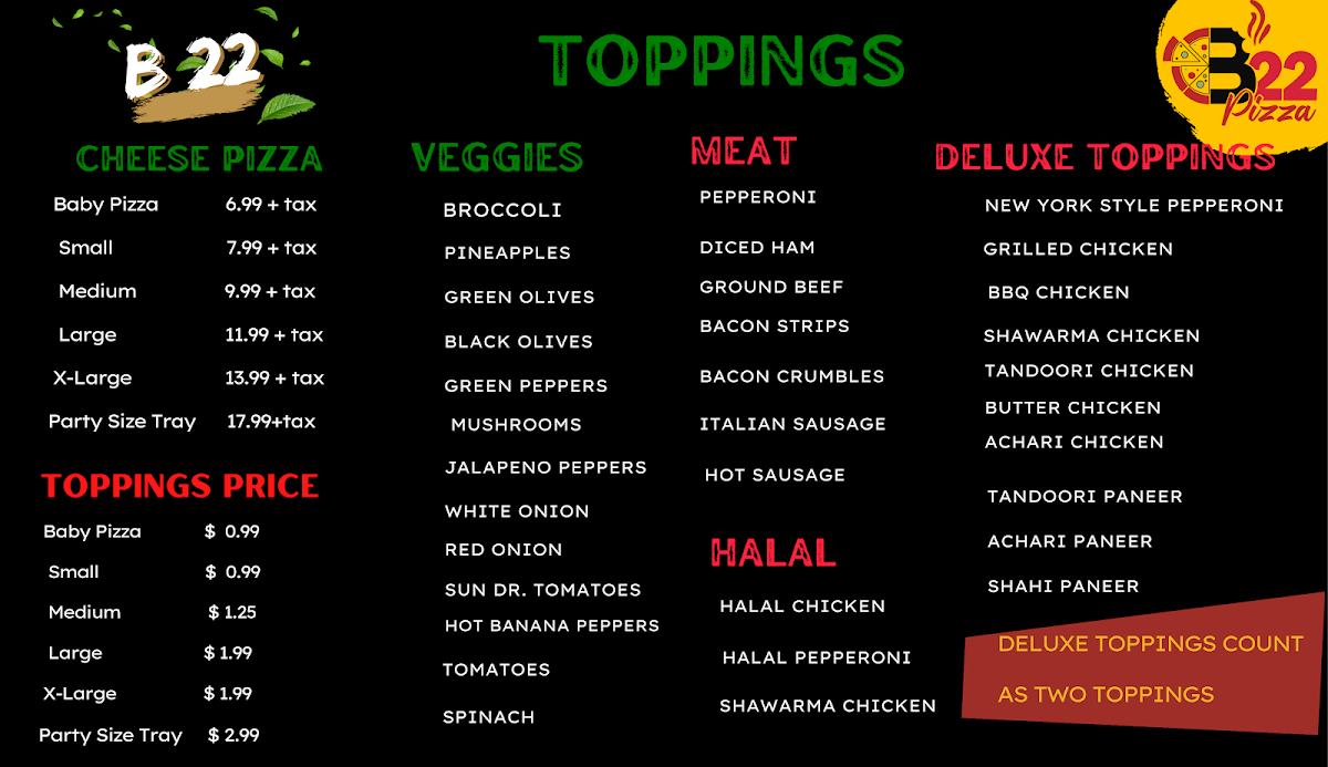 Menu, B22 - Brar 22 Pizza Niagara Falls
