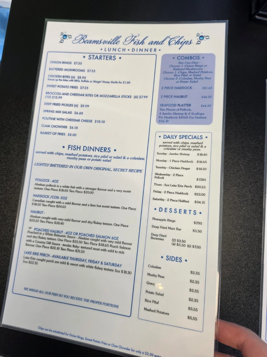 Menu, Beamsville Fish And Chips