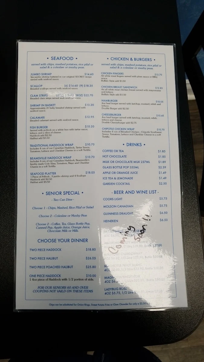 Menu, Beamsville Fish And Chips