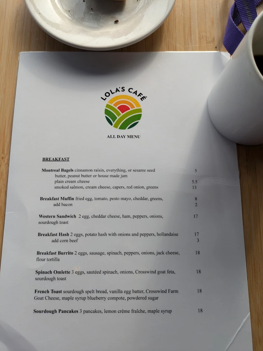 Menu, Lola's Cafe