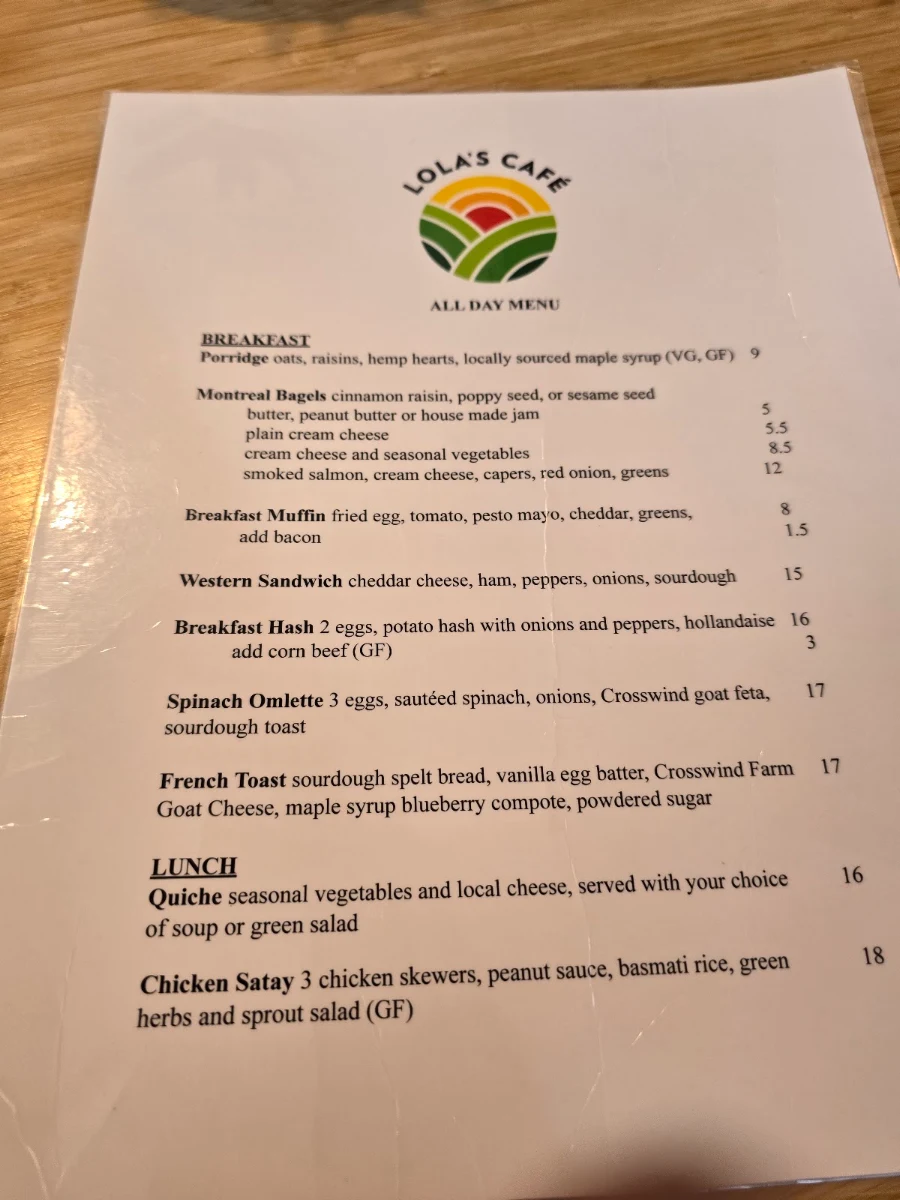Menu, Lola's Cafe