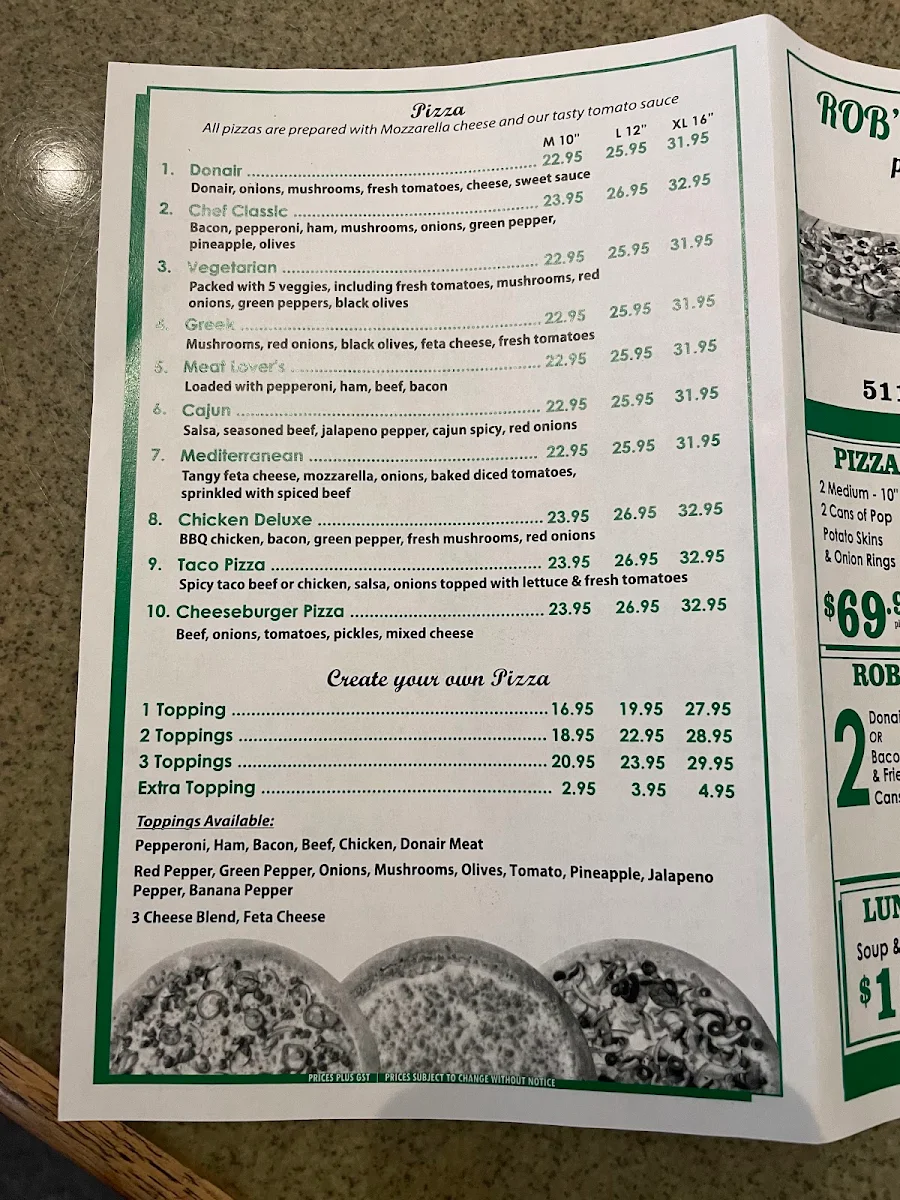 Menu, ROB'S BAR & GRILL