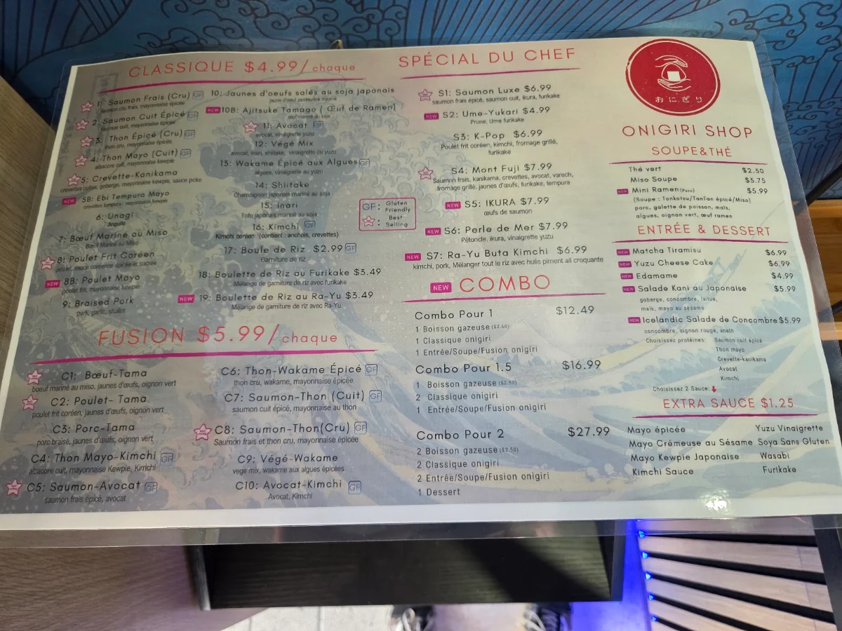 Menu, Onigiri Shop (Île-Perrot)