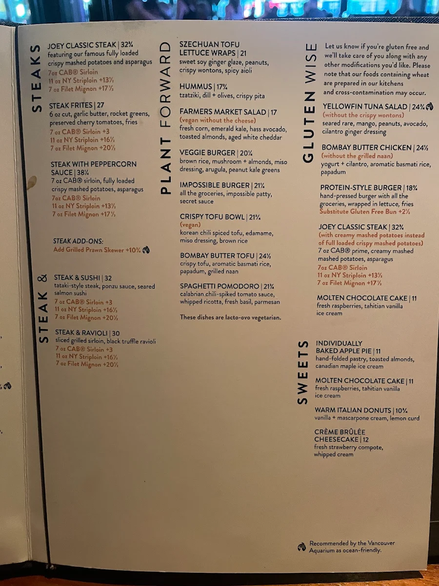 Menu, JOEY Bell Tower