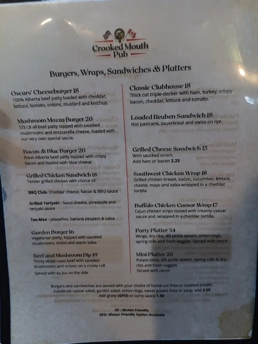 Menu, Crooked Mouth Pub