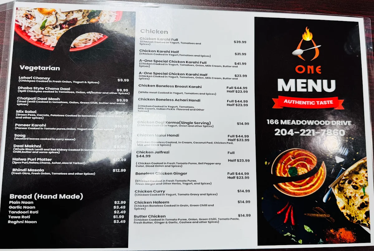 Menu, A-ONE Restaurant