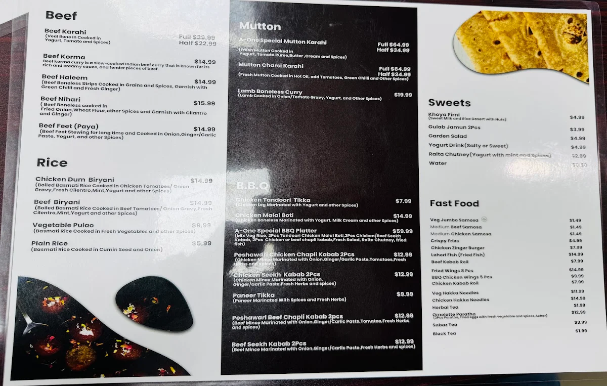 Menu, A-ONE Restaurant