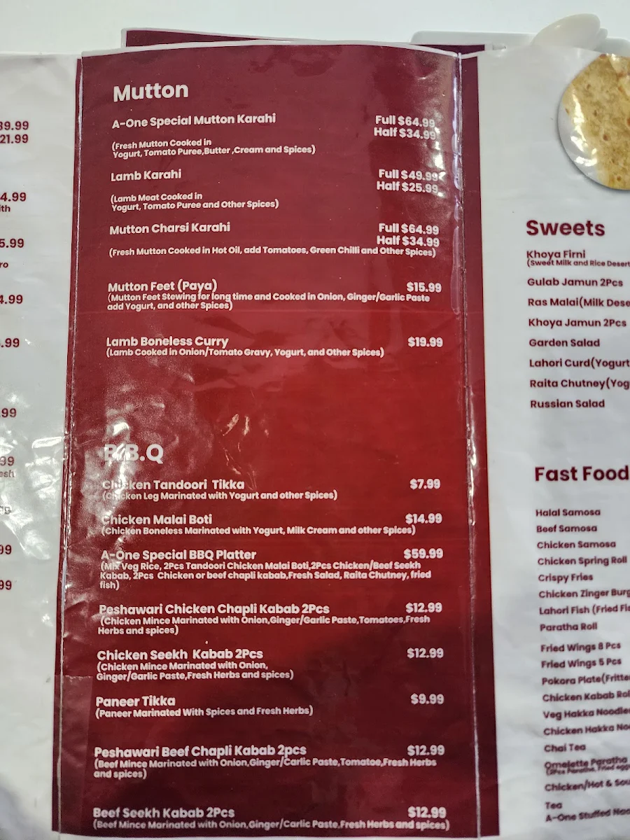 Menu, A-ONE Restaurant