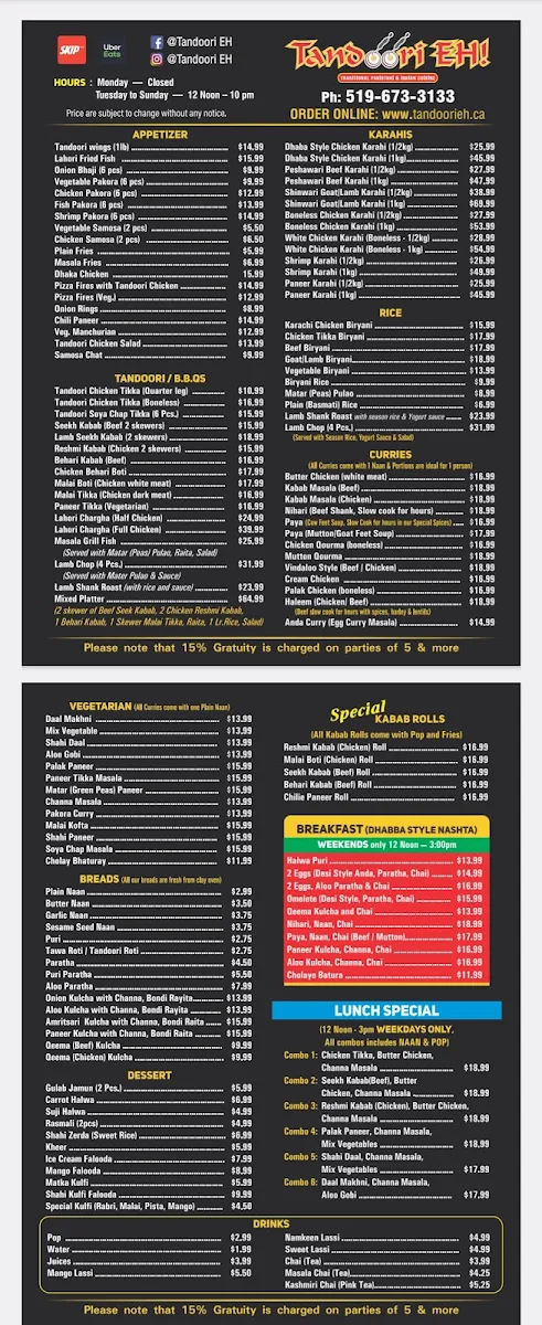 Menu, Tandoori Eh – Pakistani & Halal Restaurant